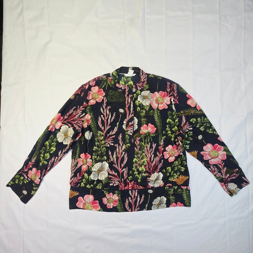 H&M Women's Floral Split Neck Blouse Size 10 Navy Blue Pink Botanical Print B90